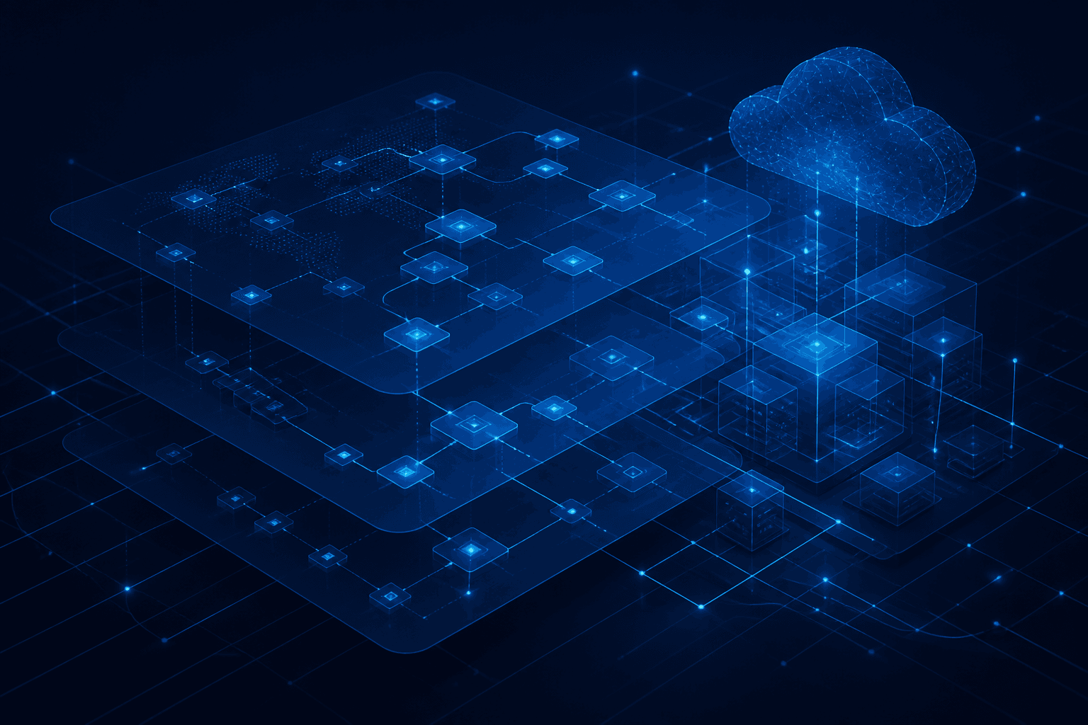 Abstract digital architecture representing connected software systems and cloud infrastructure