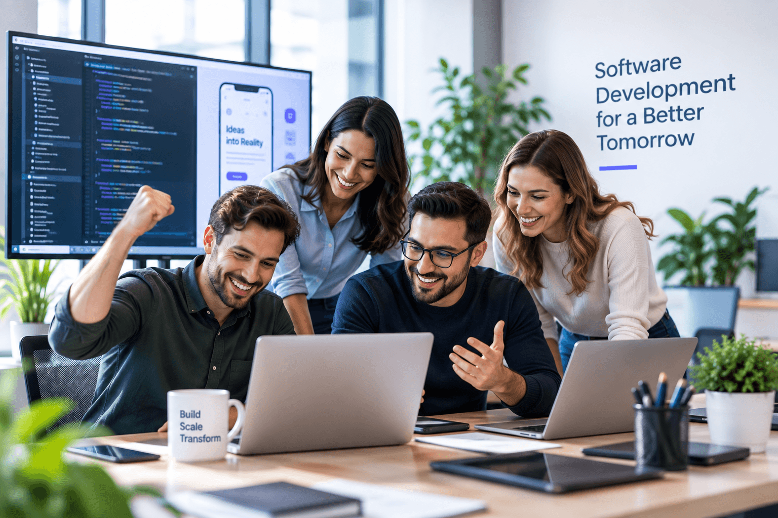 Software developers reviewing code together on dual monitors in a modern workplace