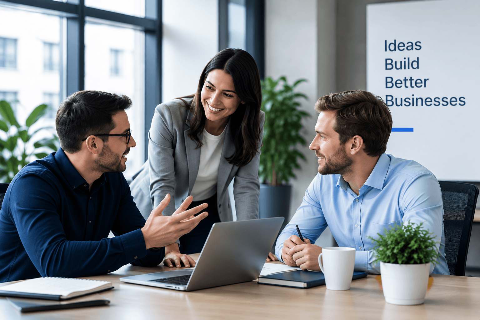 Three professionals collaborating around a laptop and notebooks at a meeting table in a bright modern office